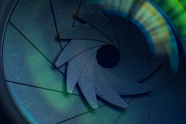 istock Close-up macro video camera lens,Close up Beautiful camera lens with multi colored light. Background pattern for design. 2246507197