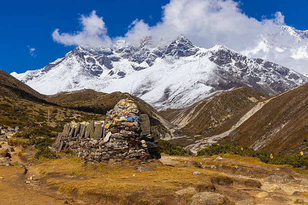 istock Buddhist stupa and prayer flags on a mountain path in Nepal on Everest Base Camp trek in Himalaya mountains 2246509781
