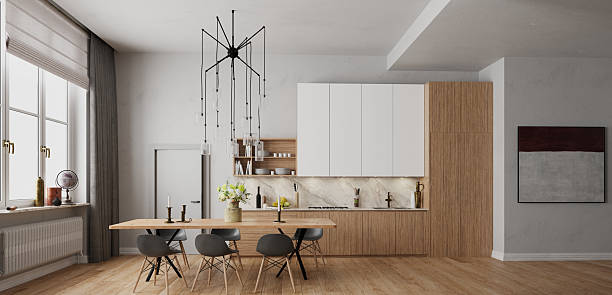 istock 3D rendering of a modern kitchen and dining room interior. Contemporary home design with wooden furniture 2246510264