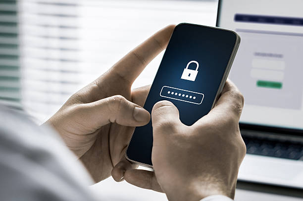 istock Password in phone for security and privacy. Mobile lock for safety to protect data in bank from scam or fraud. Cybersecurity online and secure encryption app. 2246511085