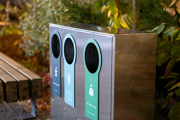 istock Modern glossy metal trash can. Waste sorting. Green concept. 2246513347