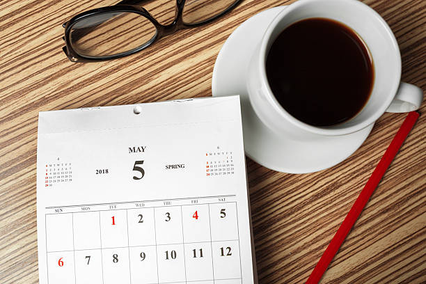 istock Coffee and calendar on a wooden table in springtime setting during May 2246515724