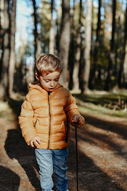 istock Young Boy In Orange Puffer Jacket Exploring A Forest Trail On A Sunny Day 2246516330