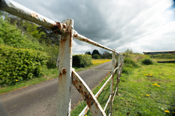 Close up of a weathered, rusty metal fence beside a quiet country road. The shot captures peeling paint, corrosion, and a rural landscape with fields and cloudy skies in the background. Suitable for themes of countryside life, ageing materials, texture, and outdoor environments.