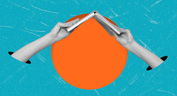 istock Art collage, Hands holding an open book against a bright background with bold orange circle 2246524862