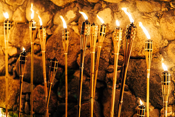 istock Row of Burning Bamboo Torches Against Stone Wall  Warm Light Symbolizing Strength, Unity, and Remembrance 2246525755