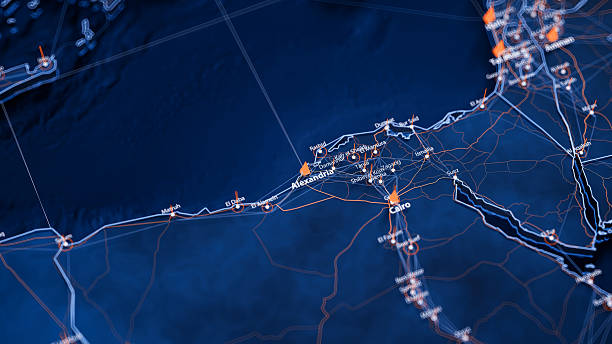 Alexandria map big data visualization. Futuristic map infographic of city in Egypt. Visual map data complexity in modern blue and orange colors.