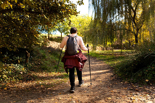 One person enjoying nordic walking activity on a leafy park path, staying active and exploring nature during autumn