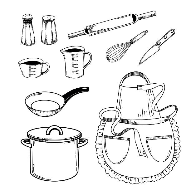 A set of vector illustrations on the theme of the kitchen, apron, cutlery, bonfires, pans, rolling pin, measuring cups. hand-drawn in ink. For printing on fabric, paper, for design.