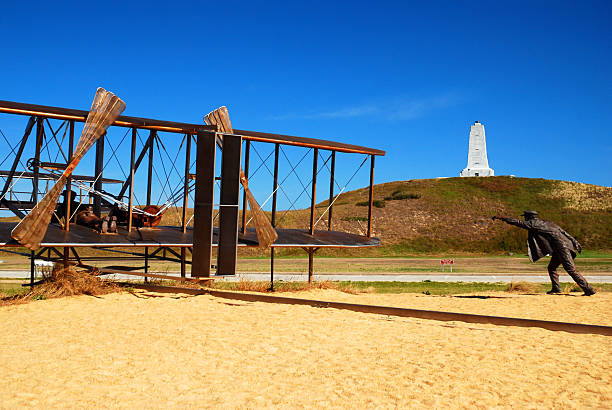 Kitty Hawk, NC, USA April 10 A sculpture recreates the Wright Brothers first flight in an airplane in Kitty Hawk, North Carolina on the Outer Banks