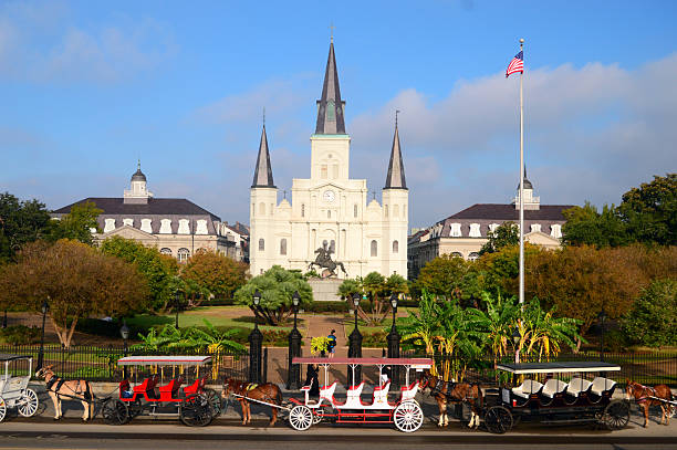 New Orleans, LA, USA October 29  Horse and carriage rides line up for the next rour group in front of St Louis Cathedral, a church on Jackson Square in the French Quarter of New Orleans