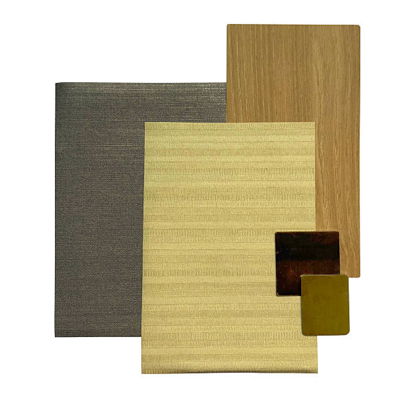 istock interior materials sample board including grey and beige fabric wallpaper pieces, oak wood laminated, gold and copper stainless isolated on background with clipping path. 2246533883