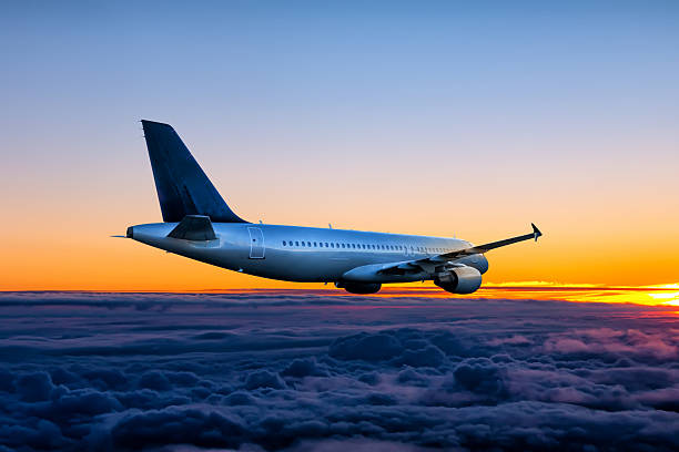 Passenger airplane fly in the sunrise sky