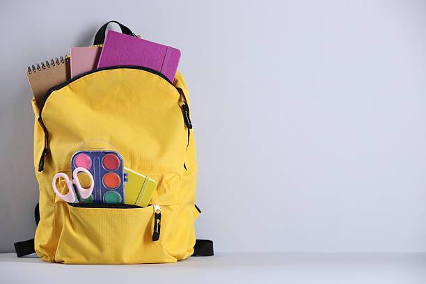 istock Yellow backpack with different stationery on table near light wall. Space for text 2246541948