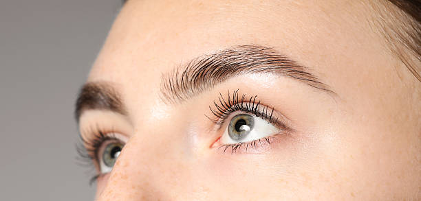 Woman with beautiful eyes on light grey background, closeup