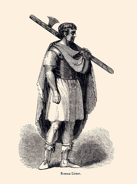 This illustration depicts a Roman Lictor, a civil servant in ancient Rome responsible for attending and protecting magistrates who held imperium (supreme authority). The lictor carries a fasces—a bundle of rods bound around an axe—symbolizing the magistrate's power to punish and execute. Lictors walked in procession ahead of the magistrate, and the number of lictors (up to 12 for a consul) indicated the level of authority. ► VINTAGE ETCHING circa mid 19th century. Digital restoration by pictore. Authentic illustration free of AI