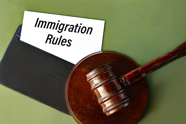 istock Black envelope with the text IMMIGRATION RULES and the judge's gavel on a green background 2246548504