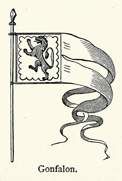Gonfalon, type of banner or flag that is suspended from a horizontal crossbar and often has streamers or a swallow-tailed design, Vintage illustration, 19th Century, Victorian