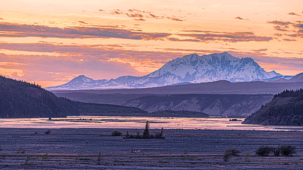 istock Alaska landscape with mountains, river, and sunset. 2246556175