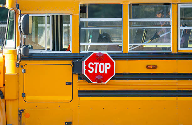 Close up on school bus with stop sign