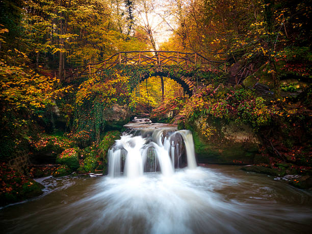 istock Beautiful waterfall cascades under a charming bridge in Luxembourg during autumn 2246561053