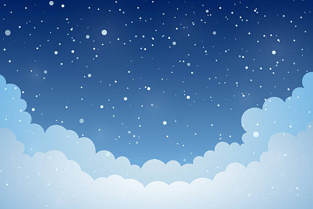 istock Peaceful winter scene with falling snow, fluffy clouds and starry night sky. Dreamy seasonal backdrop for Christmas greeting card, holiday banner, winter post, kids book, and festive designs. Vector 2246565073