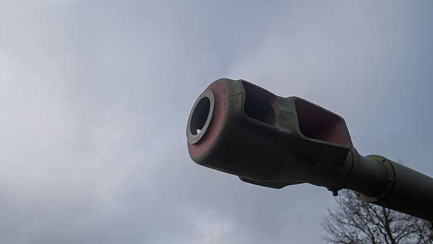 tank barrel close-up against cloudy sky, weathered steel muzzle pointing skyward, leafless tree silhouette