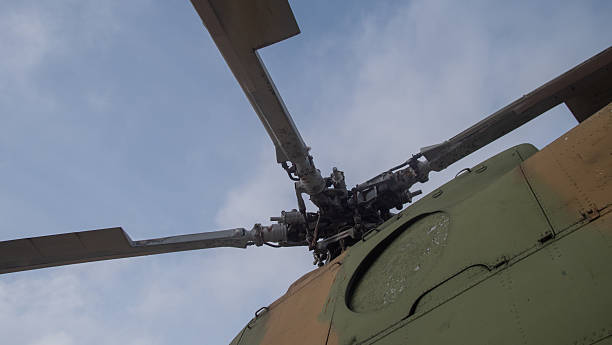 istock aerial helicopter showcase with structured rotor design and camouflaged fuselage appearance over cloudy sky 2246571724