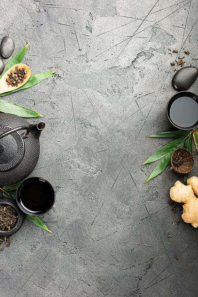 istock Asian Tea Set with Ginger and Green Leaves on Dark Stone Background 2246601123