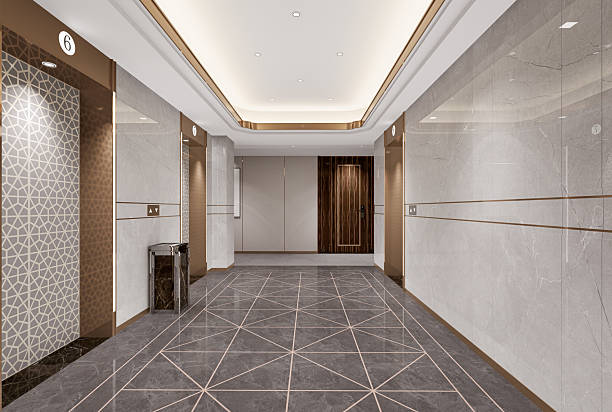 istock Luxurious Modern Elevator Lobby with Geometric Patterns and Marble Finishes.3D illustration 2246608268