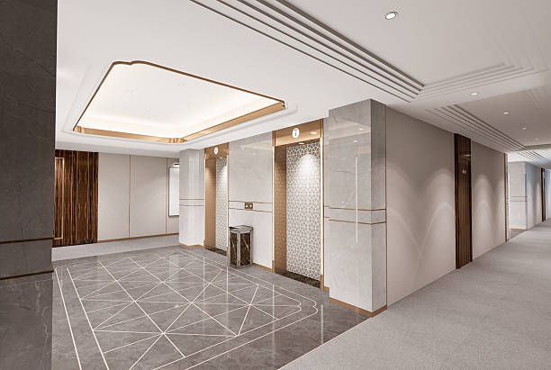 istock Luxurious Modern Elevator Lobby with Geometric Patterns and Marble Finishes.3D illustration 2246608269