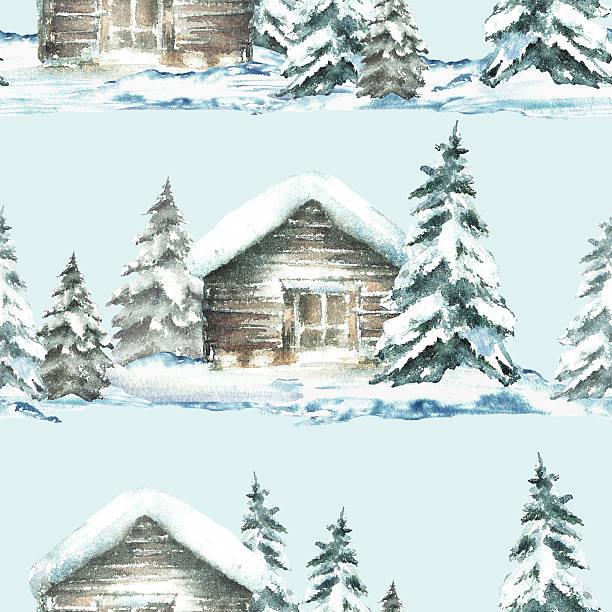 Winter landscape snow covered cabin with snowy spruce tree watercolor seamless pattern. Wooden house and Christmas fir realistic hand drawn illustration Fabric on isolated light blue green background