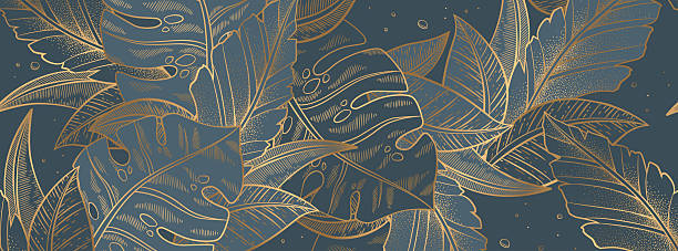 istock Vector luxury illustration with gold trendy exotic palm and monstera leaves pattern isolated on blue background. Elegant design for web banner, print, wallpaper, card, invitation 2246617828