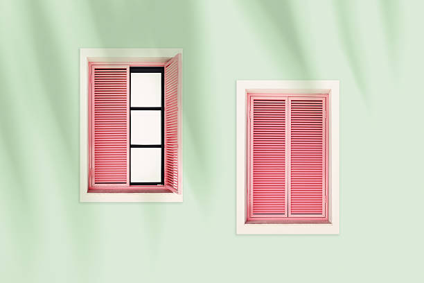 Pastel green facade with two pink shuttered windows, summer sunlight palm tree shadow, tropical vacation view. Travel blogs, resort branding, coastal lifestyle visual. Minimal aesthetic trend photo