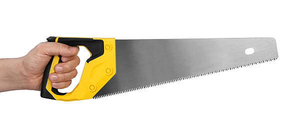 istock Man holding saw with yellow handle isolated on white, closeup 2246625356