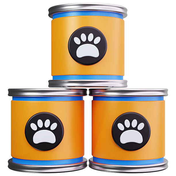 A 3D stack of canned pet food for dogs and cats, representing nutrition, meals, and pet store products