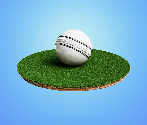Shiny White Leather Stitched ODI Cricket Ball With Rounded Green Grass Ground Field 3D Illustration