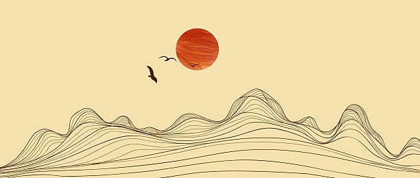 Illustrations of Mountain art landscape. Creative minimalist modern line art print. Abstract contemporary aesthetic backgrounds landscapes. with Mountain, hill, sunset and flying bird