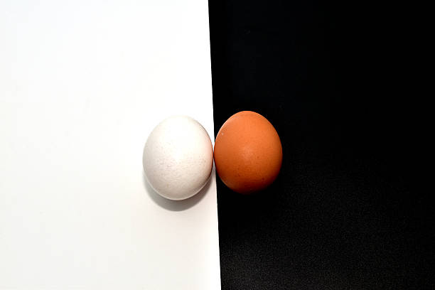 Two chicken eggs of different shades on a black and white background.