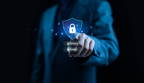 istock Business person touching a digital shield with lock icon and login fields, representing cybersecurity protection, secure authentication, data privacy, password security, and safe access in modern. 2246642062