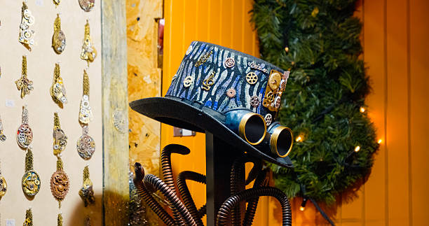A stylish top hat with decorative elements is showcased against a backdrop of Christmas decorations. The urban market ambiance adds to the festive charm.