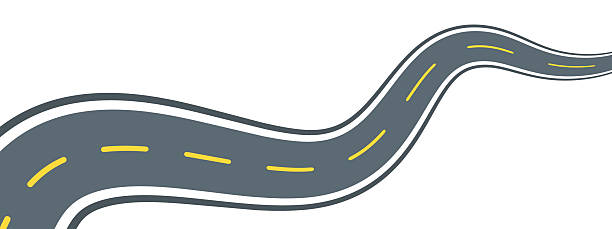 istock Curved highway flat line illustration. Vector outline pictogram of a winding asphalt road with yellow dashed lane markings and white borders, symbolizing aerial view of travel route and journey path. 2246644892