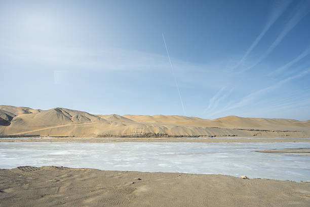 A Serene Salt Lake Landscape Surrounded by Sand Dunes Under a Clear Blue Sky