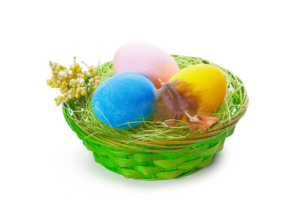 istock Colorful Easter eggs in a green basket with decorative filler and a small chick 2246647978