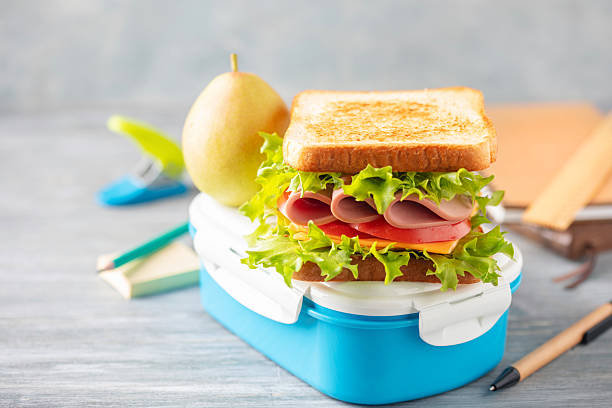 A sandwich with lettuce, tomato slice, ham and cheese in a plastic container. School snack