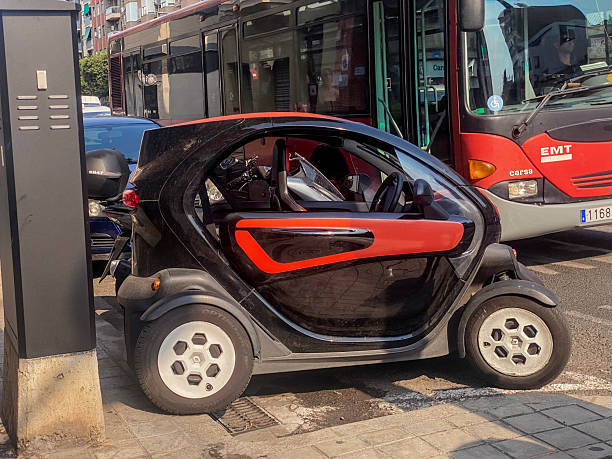 Valencia, Spain - August 21, 2025: A black Renault model Twizy car parked in the street. This is a two-seat electric microcar that the French manufacturer produced from April 2012 until September 2023.