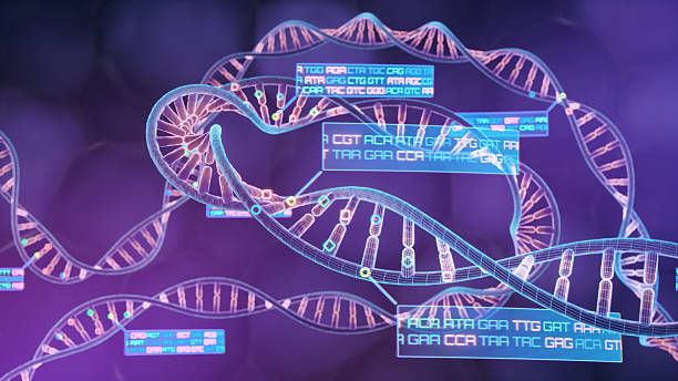 DNA helix with polymer sequencing data infographic overlay
