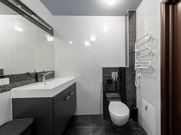 istock Modern Home Bathroom With Stylish Black and White Interior and Contemporary Features 2246669890
