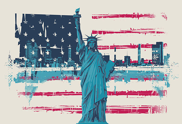 istock Statue of Liberty, cityscape New York and american flag 2246671230