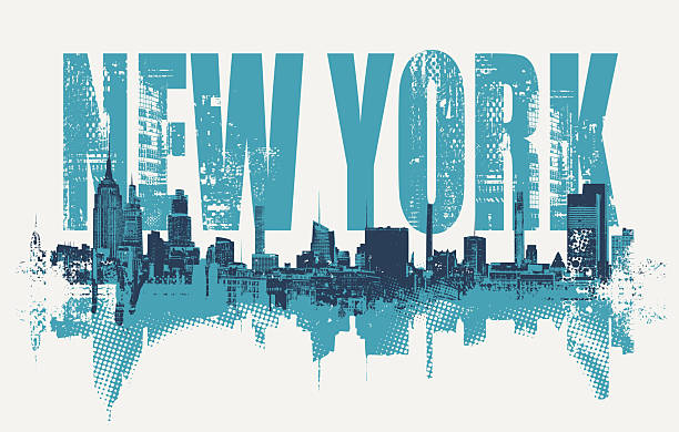 Vector banner with NEW YORK lettering, Statue of Liberty, cityscape New York and skyscrapers. USA illustration in grunge style. T-shirt design, tourist signboard, tourist postcard.